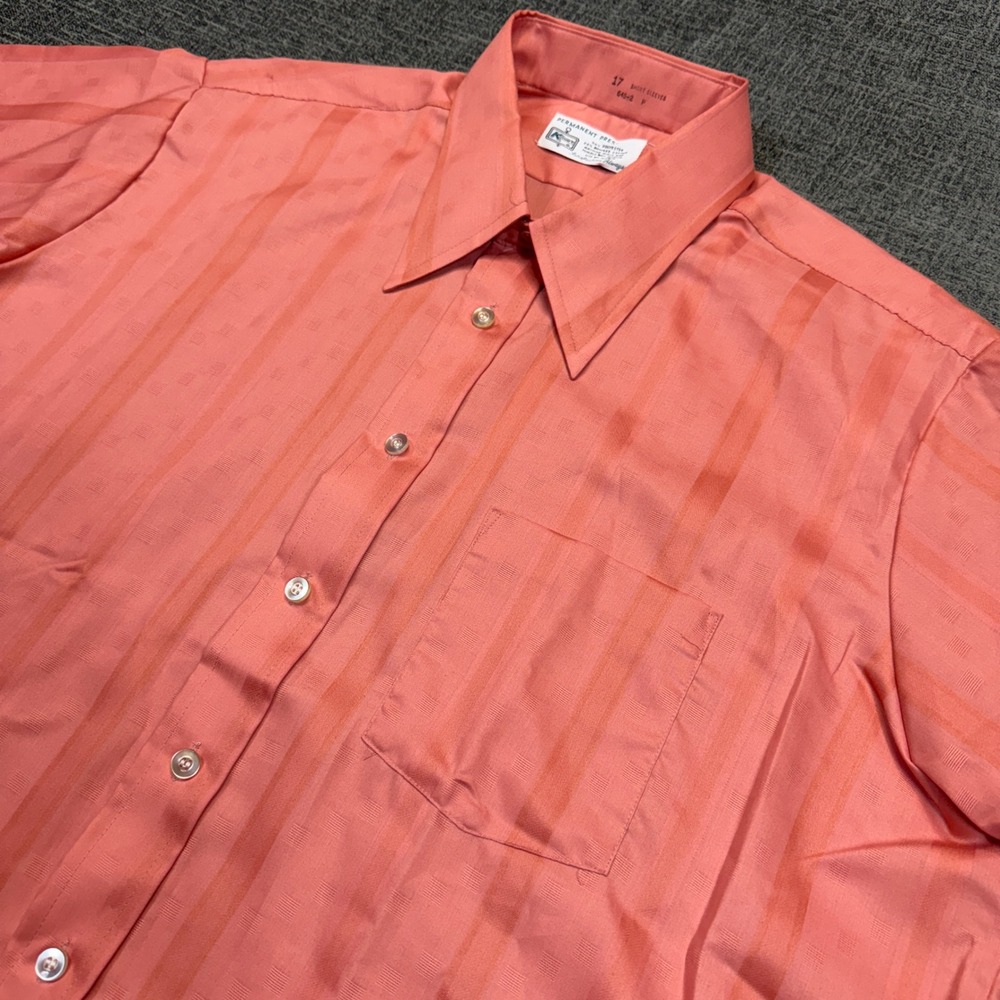 Vintage Kmart Shirt Mens 17 L/XL Coral Pink Striped Short Sleeve Button Up